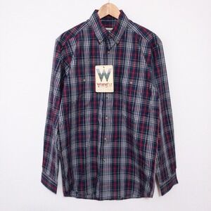 Wrangler Rugged Wear Button Down Shirt Mens Medium Blue Plaid Cotton Irregular